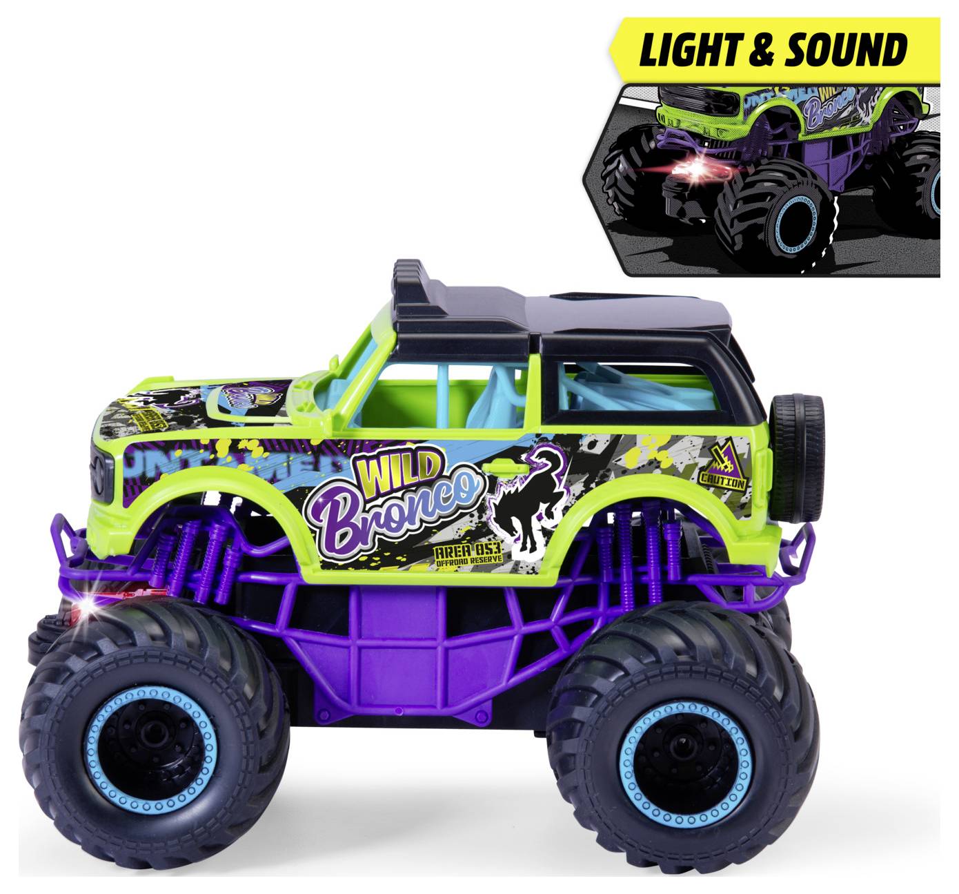 Spielzeug-Monstertruck mit der Aufschrift "Wild Bronco" in lebendigen Farben und Mustern. Er verfügt über große Reifen und eine Licht- und Soundfunktion.