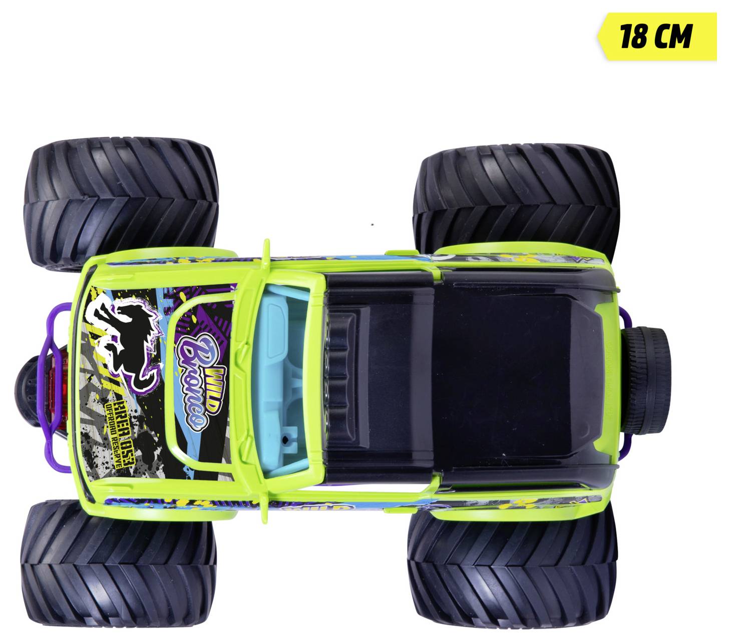 Eine Draufsicht eines grünen Spielzeug-Monstertruck mit großen Reifen, oben rechts in gelber Schrift mit '18 CM' beschriftet.