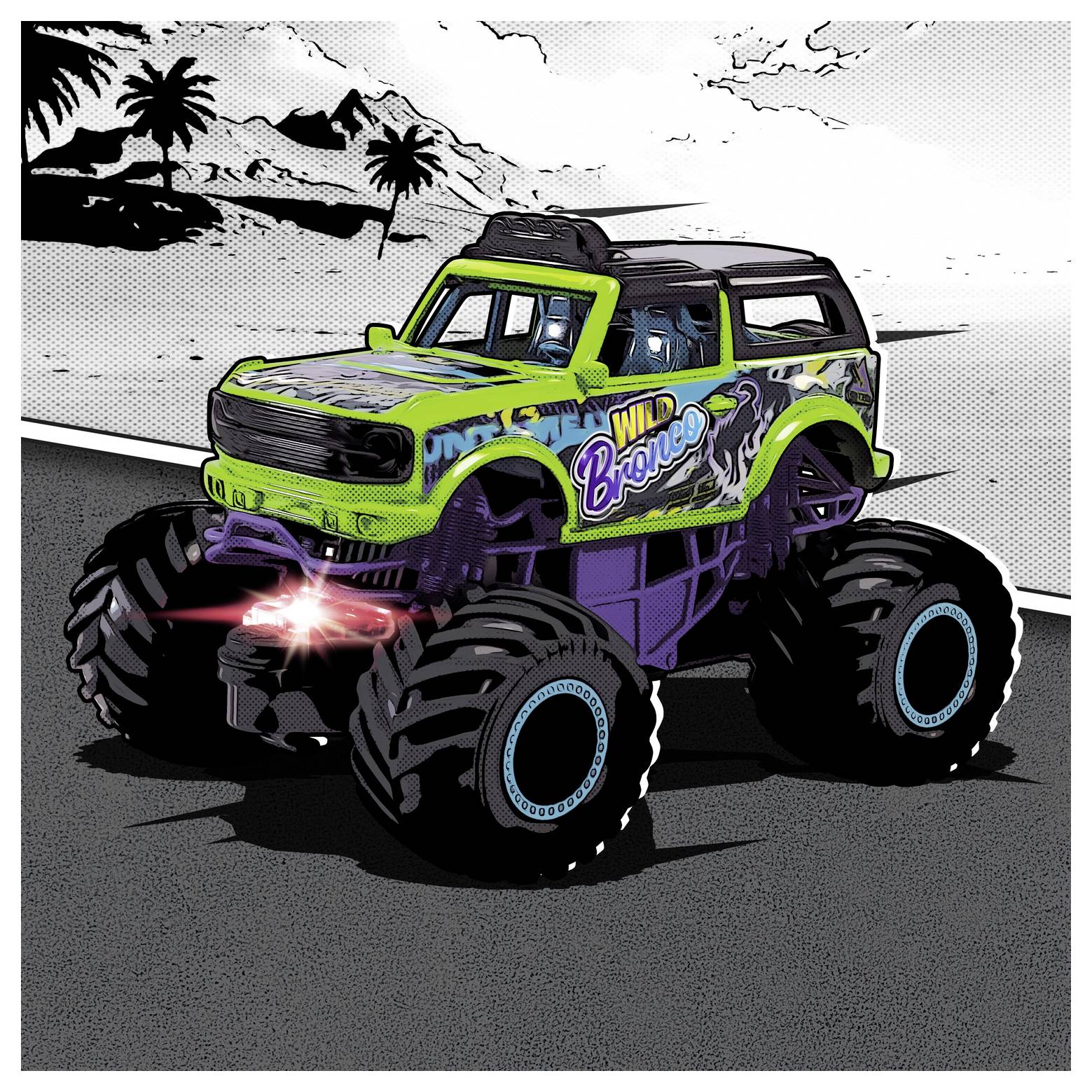 Ein bunter, illustrierter Monstertruck mit der Aufschrift „Wild Bronco" fährt auf einer Straße, mit Palmen und Bergen im Hintergrund.