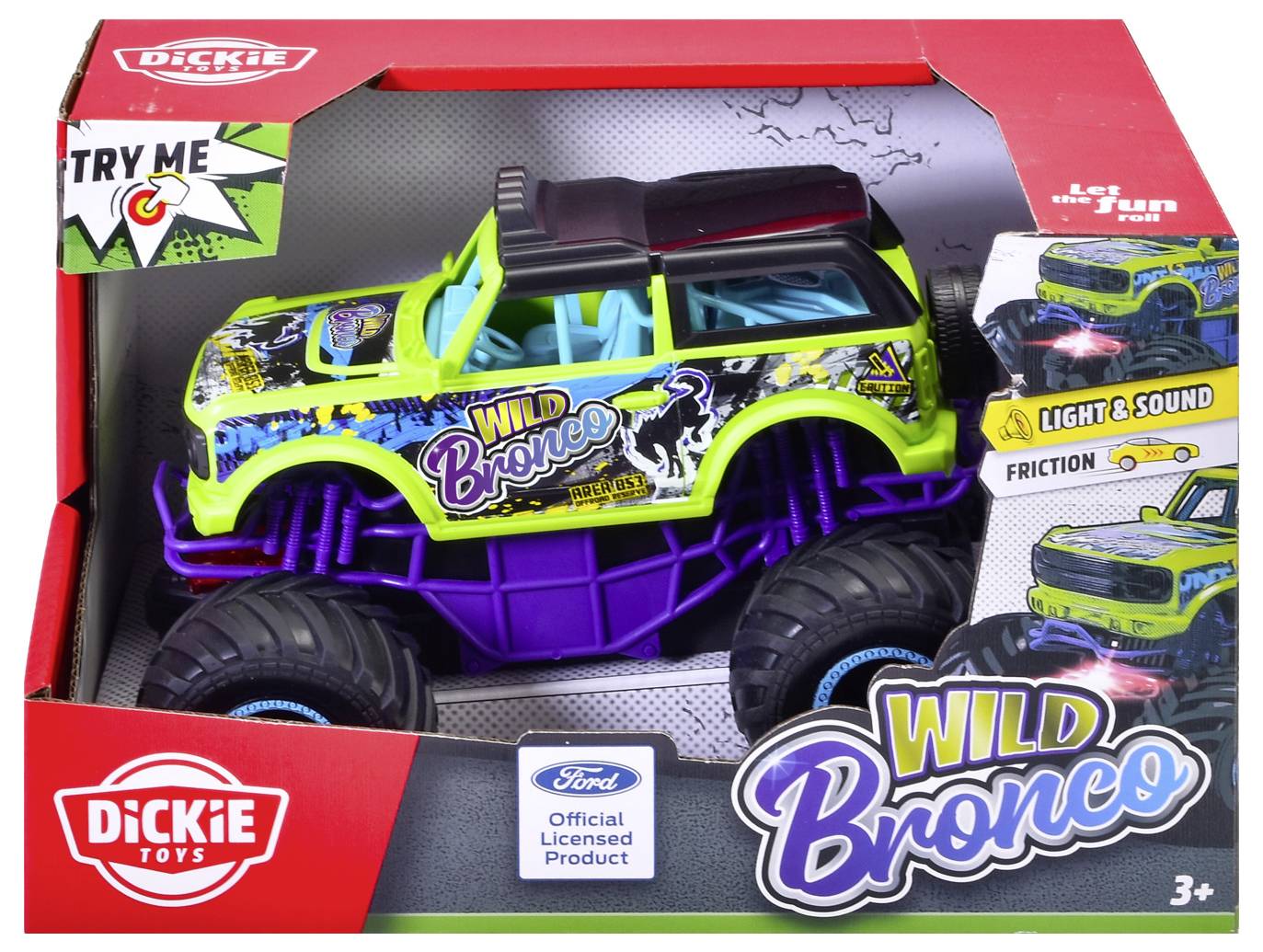 'Wild Bronco' Spielzeug-Monstertruck in bunter Verpackung mit 'Probier mich' Funktion, Licht- und Soundeffekten, geeignet für Kinder ab 3 Jahren.