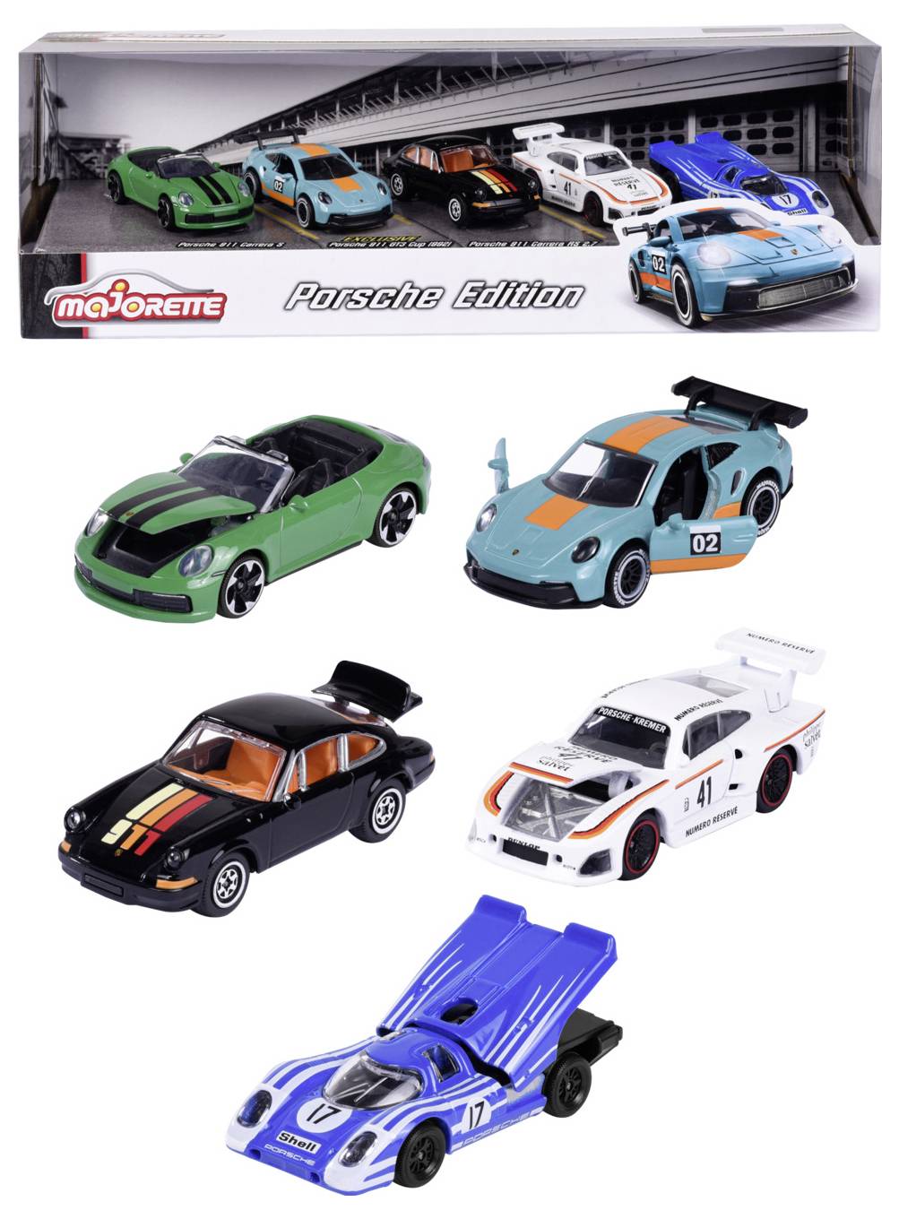 Set von Druckguss-Modellautos mit fünf verschiedenen Porsche-Designs in unterschiedlichen Farben, jedes mit detaillierten Rennmerkmalen.