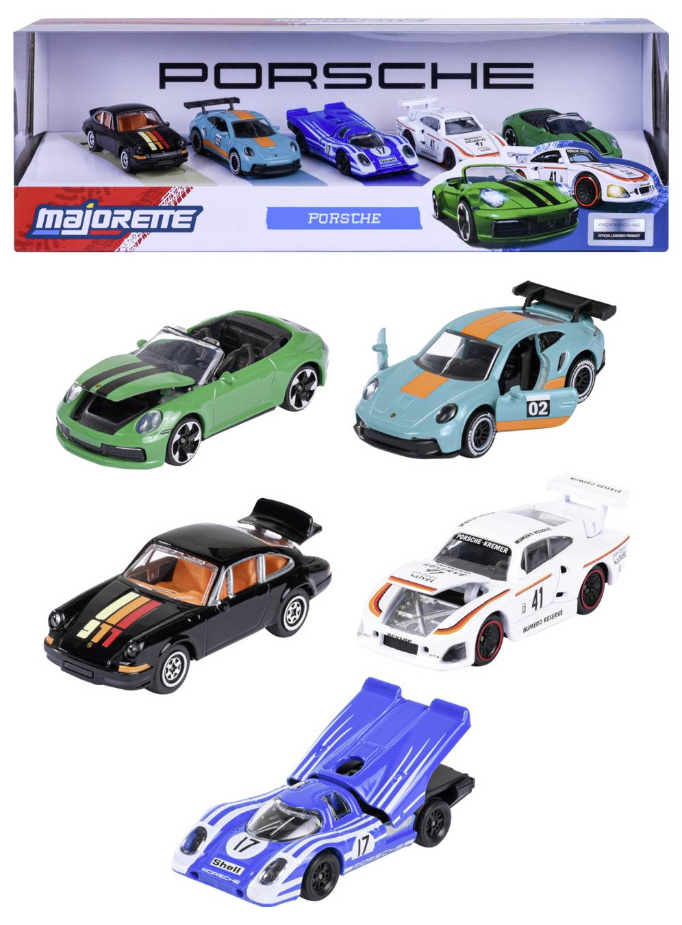 Ein Set aus sechs Spielzeug-Porsche-Autos in verschiedenen Farben und Modellen, ausgestellt mit Logo und Verpackungsetikett.