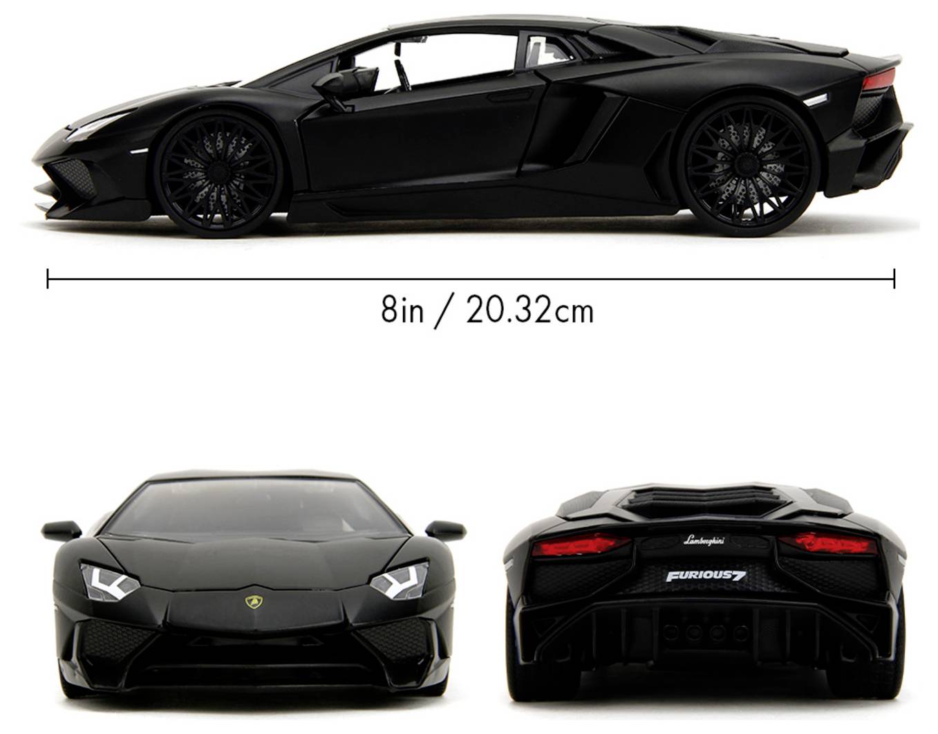 Ein schwarzes Sportwagen-Modell wird in Seiten-, Front- und Heckansicht gezeigt. Es misst 8 Zoll (20,32 cm) in der Länge.