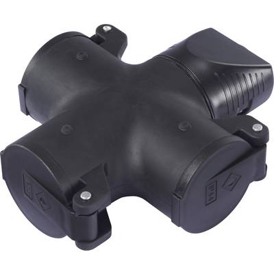 Ein schwarzer X-förmiger Elektroanschluss mit mehreren Steckern und einer glatten Oberfläche, entwickelt für die Verwendung im Freien.