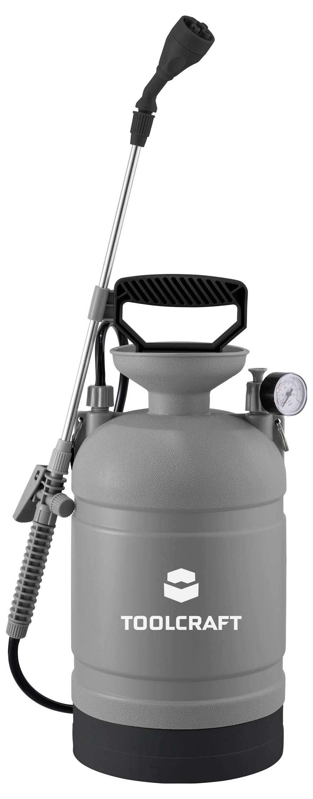 Ein grauer Toolcraft-Drucksprüher mit langem Düsenrohr, Griff und Manometer, entwickelt zum Sprühen von Flüssigkeiten.