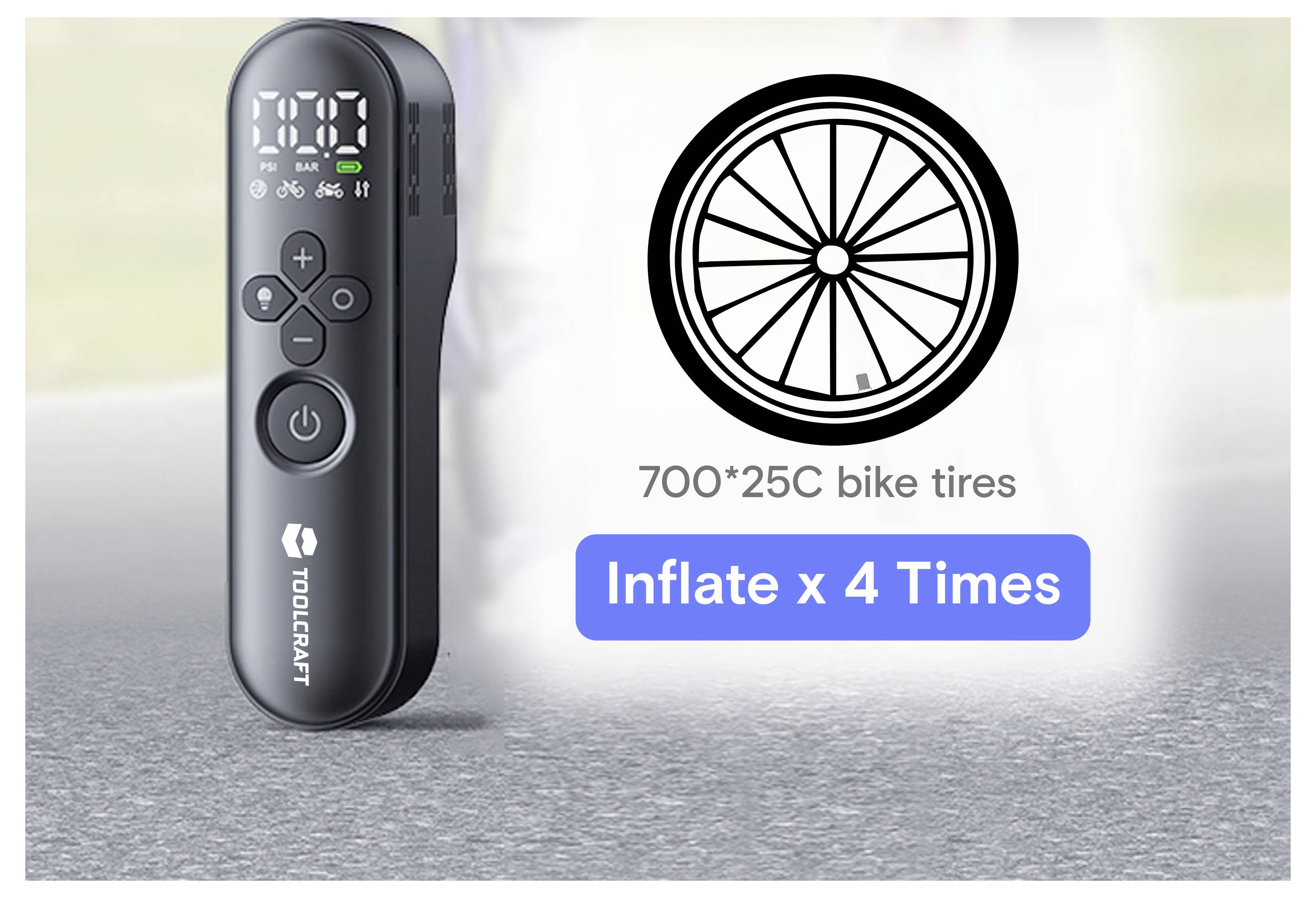 Tragbare elektrische Fahrradpumpe mit digitaler Anzeige und Tasten, dargestellt neben einem Radsymbol und Text „700*25C Fahrradreifen" und „4x aufpumpen".