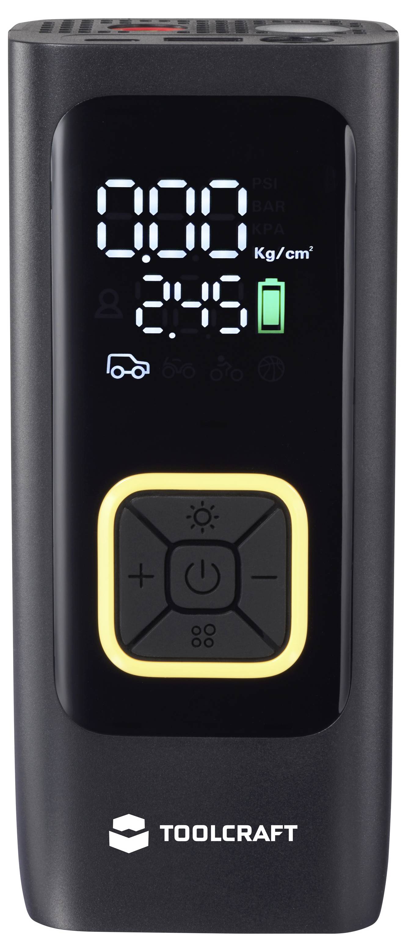 Digitales Kompakt-Reifenfüllgerät mit Display, das „2,45" Kg/cm² anzeigt, mit Bedientasten darunter, Marke „TOOLCRAFT".
