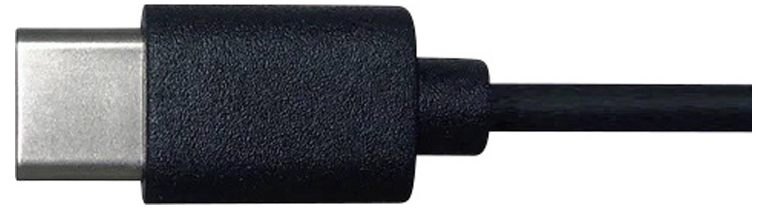 Ein Nahaufnahmebild eines schwarzen USB-C-Kabelsteckers, der sein metallenes Steckerende zeigt.