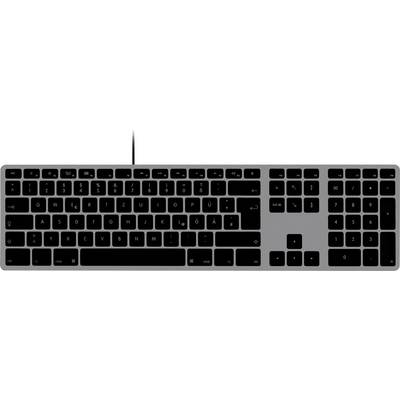 Eine kabelgebundene schwarze Tastatur mit Ziffernblock und Funktionstasten, entwickelt für Desktopcomputer.