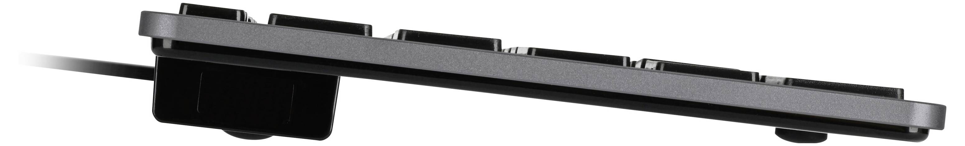 Seitenansicht einer schlanken Tastatur mit leichter Neigung, die Tasten und integriertes Kabel auf der linken Seite zeigt.