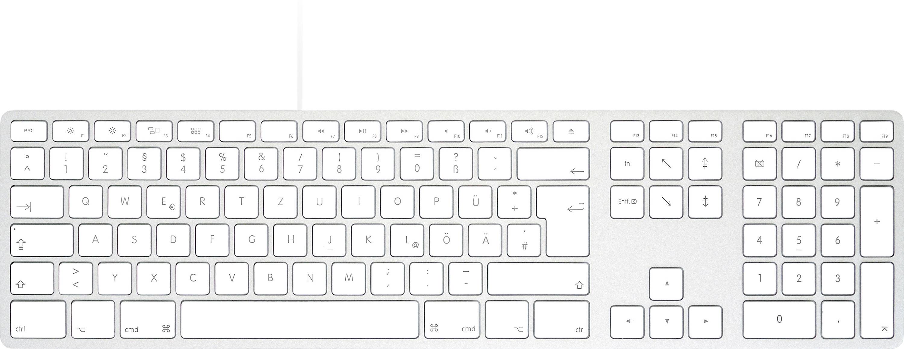 Eine weiße Computertastatur mit Ziffernblock, die sowohl englische als auch deutsche Zeichen aufweist.