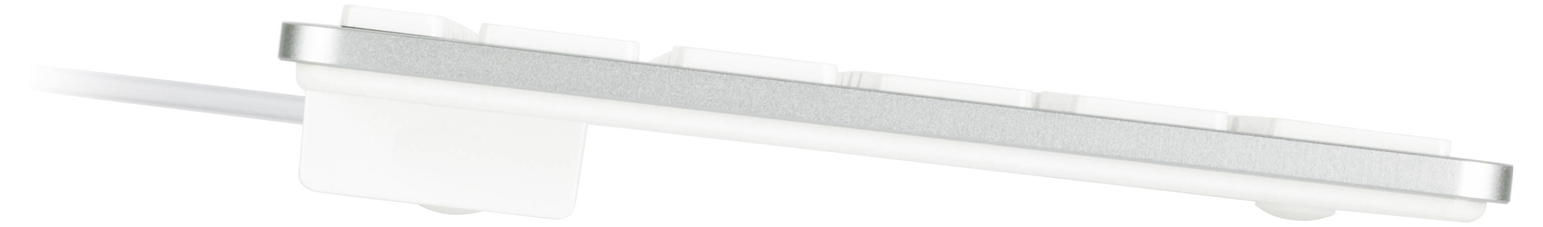 Seitenansicht einer eleganten, flachen weißen Tastatur mit silberner Kante, die ihr dünnes Profil zeigt.