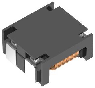 Eine quadratische elektronische Komponente mit einer sichtbaren Kupferspule in einem schwarzen Gehäuse, höchstwahrscheinlich ein Induktor, aus einem schrägen Blickwinkel dargestellt.