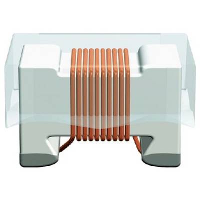 Ein weißer rechteckiger Induktor mit orangefarbener Wicklung, der ein elektrisches Bauteildesign zeigt, der in elektronischen Schaltkreisen zur Induktivität verwendet wird.