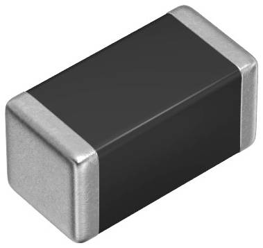 Ein kleiner rechteckiger Kondensator mit schwarzem Gehäuse und metallischen Enden, der in elektronischen Schaltkreisen verwendet wird.