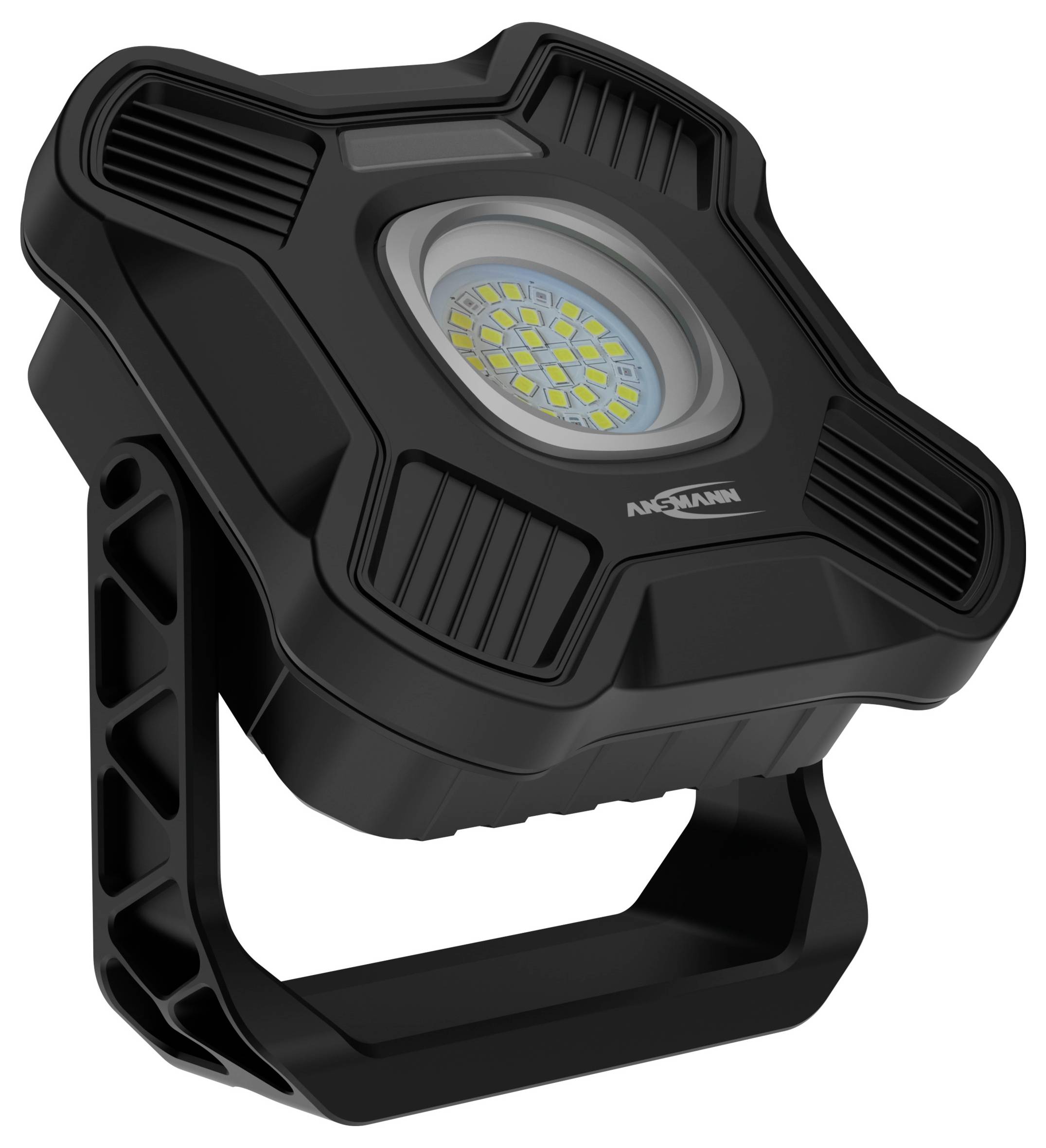Tragbare schwarze LED-Arbeitsleuchte mit einem robusten, verstellbaren Ständer, entwickelt für vielseitige Positionierung und Beleuchtung.