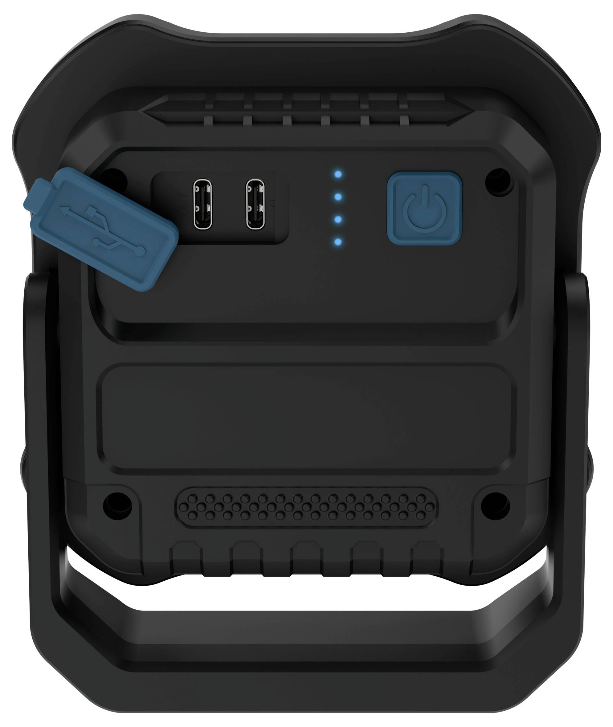 Ein tragbares Gerät mit zwei USB-Anschlüssen, Einschalttaste, LED-Anzeigen und einem Griff, konzipiert zum Laden oder zur Stromversorgung.