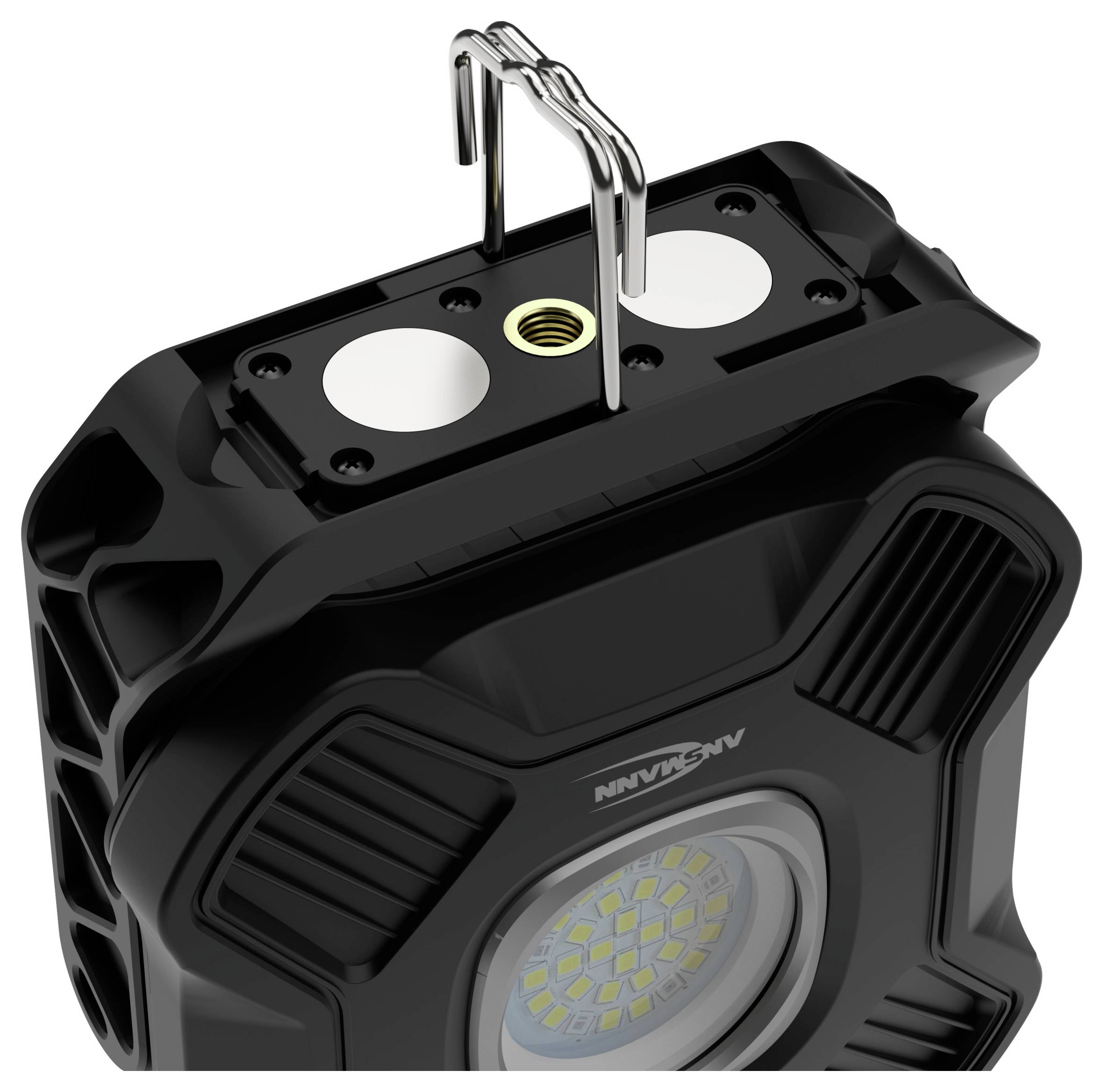 Eine tragbare LED-Arbeitsleuchte mit robustem Design in Schwarz und Grau. Sie verfügt über eine kreisförmige Lichtanordnung und einen Metallhaken zum Aufhängen.