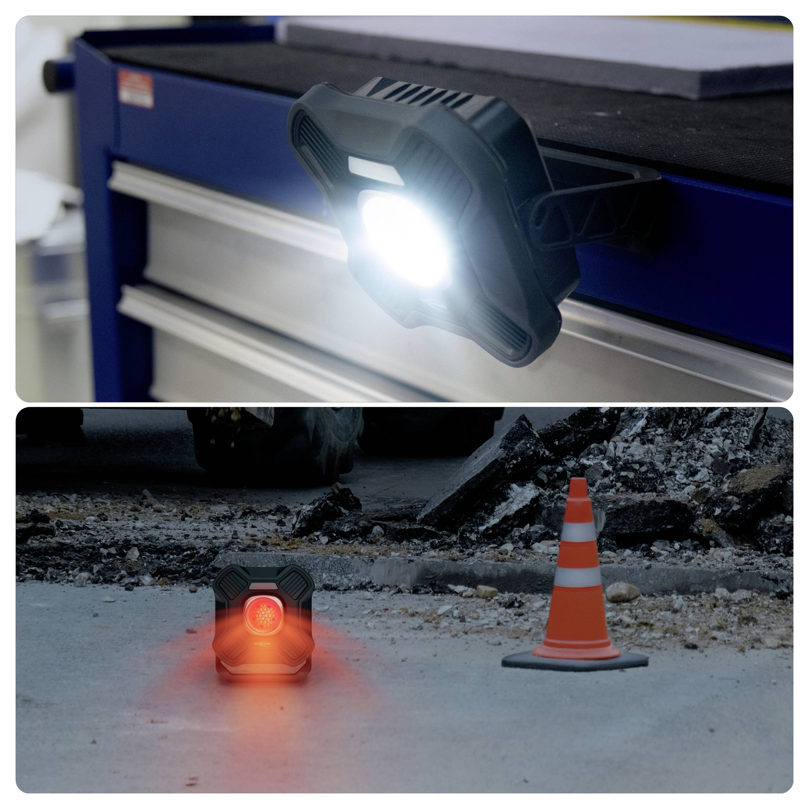 Das Bild zeigt eine helle LED-Arbeitsleuchte, die an einem Werkzeugschrank befestigt ist, und ein rotes Warnlicht auf einer Baustelle neben einem Verkehrskegel.