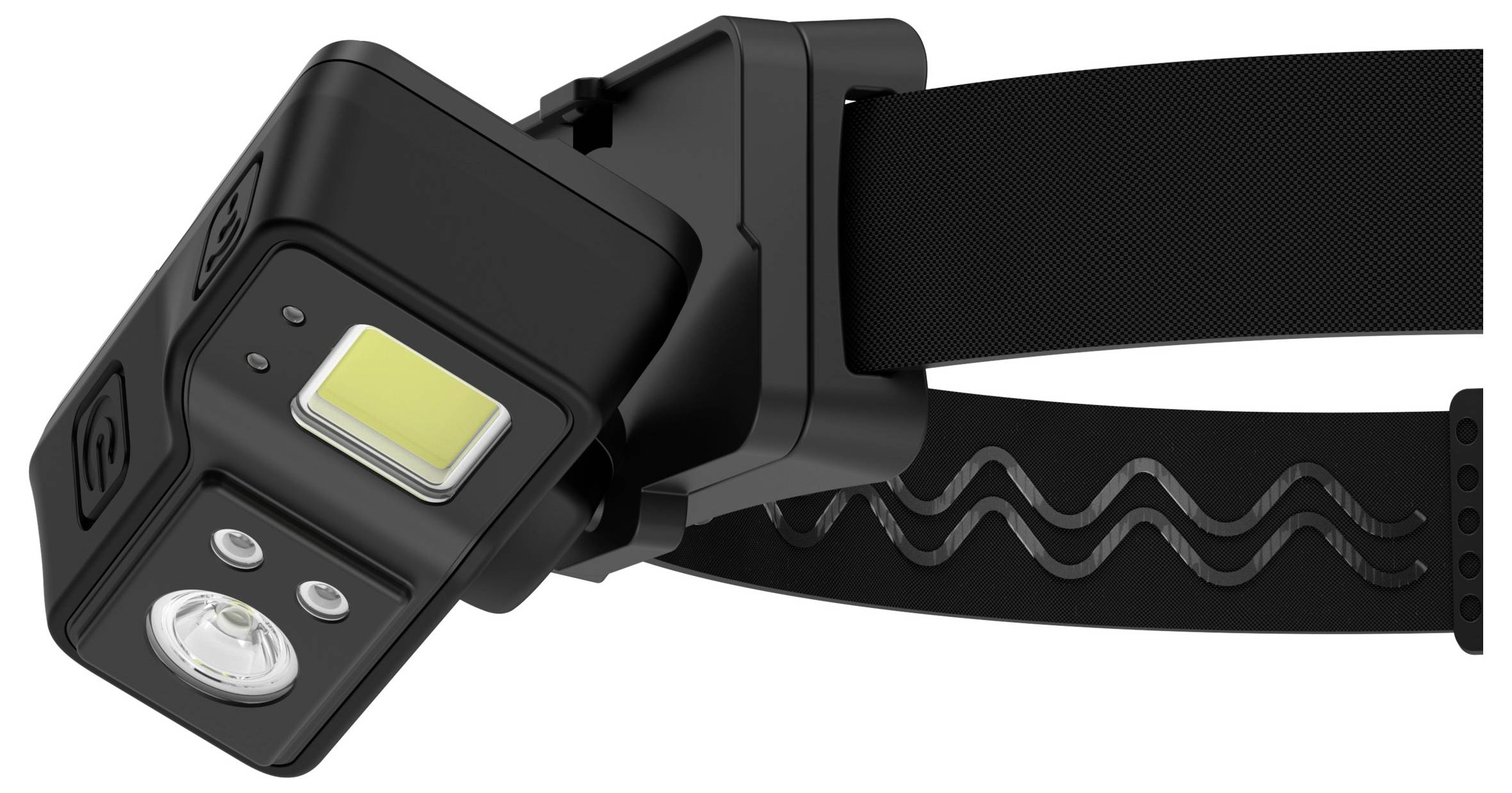 Eine schwarze Stirnlampe mit verstellbarem Riemen, ausgestattet mit mehreren LED-Leuchten und quadratischem Design, geeignet für Outdoor-Aktivitäten oder Arbeitsumgebungen.