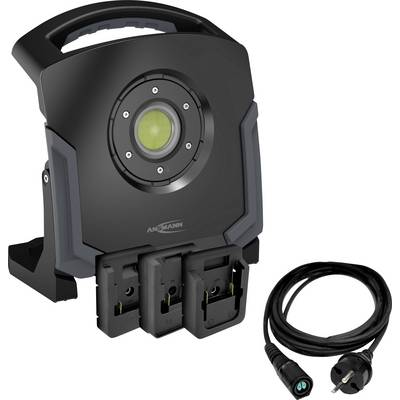 Eine tragbare LED-Arbeitsleuchte mit Griff, ausgestattet mit zwei Ladeschächten für wiederaufladbare Batterien an der Basis und einem mitgelieferten Netzkabel.