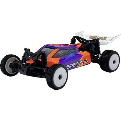 Ein orangefarbenes und lila ferngesteuertes Auto mit schwarzer Federung und weißen Rädern steht auf einem weißen Hintergrund und präsentiert sein Design.