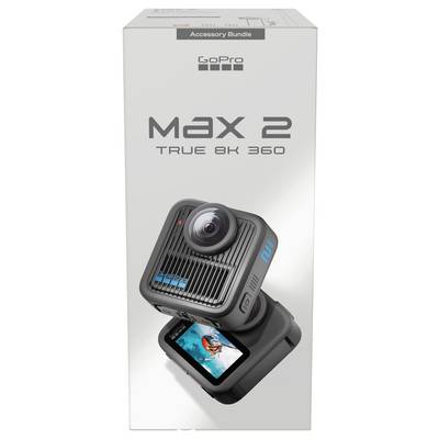 GoPro Max 2 True 8K 360° Kamera-Verpackung, die das Zubehör-Bundle hervorhebt. Gezeigt werden zwei Kamerawinkel mit Objektiv und Display.