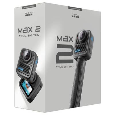 GoPro Max 2 Verpackung zeigt die Kamera mit Doppelobjektiven, Bildschirm nach oben geneigt. Text: 'Max 2 True 8K 360'. Etikett: 'Zubehör-Bundle'.