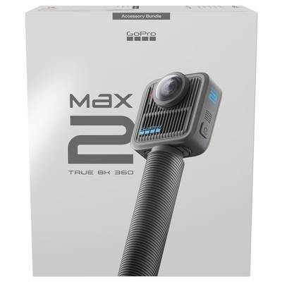 Eine GoPro Max 2 Kamera-Verpackung, die das Kameradesign zeigt, beschriftet mit ‚True 8K 360' und ‚Zubehör-Bundle'.