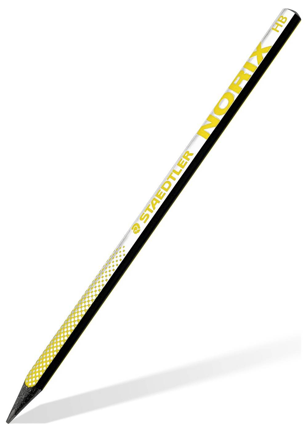 Ein schwarzer und gelber Staedtler Noris HB-Bleistift mit geschärfter Spitze, der einen Schatten nach rechts wirft.