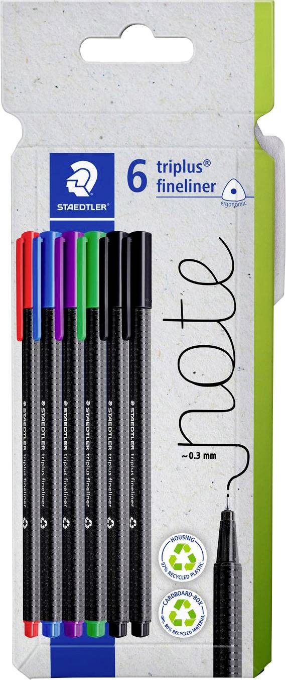 Der 'Staedtler triplus fineliner' Pack enthält sechs Stifte in verschiedenen Farben, gekennzeichnet mit 0,3 mm. Enthält ein Recycling-Symbol auf der Verpackung.