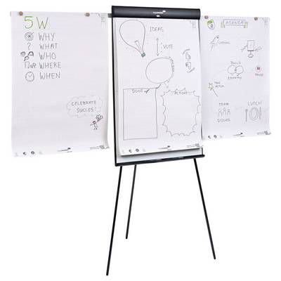 Eine Flipchart zeigt drei Blätter: '5W'-Fragen, ein Flussdiagramm für Ideenentwicklung und eine Agenda mit 'Team', 'Aufbau' und 'Mittagessen!' hervorgehoben.