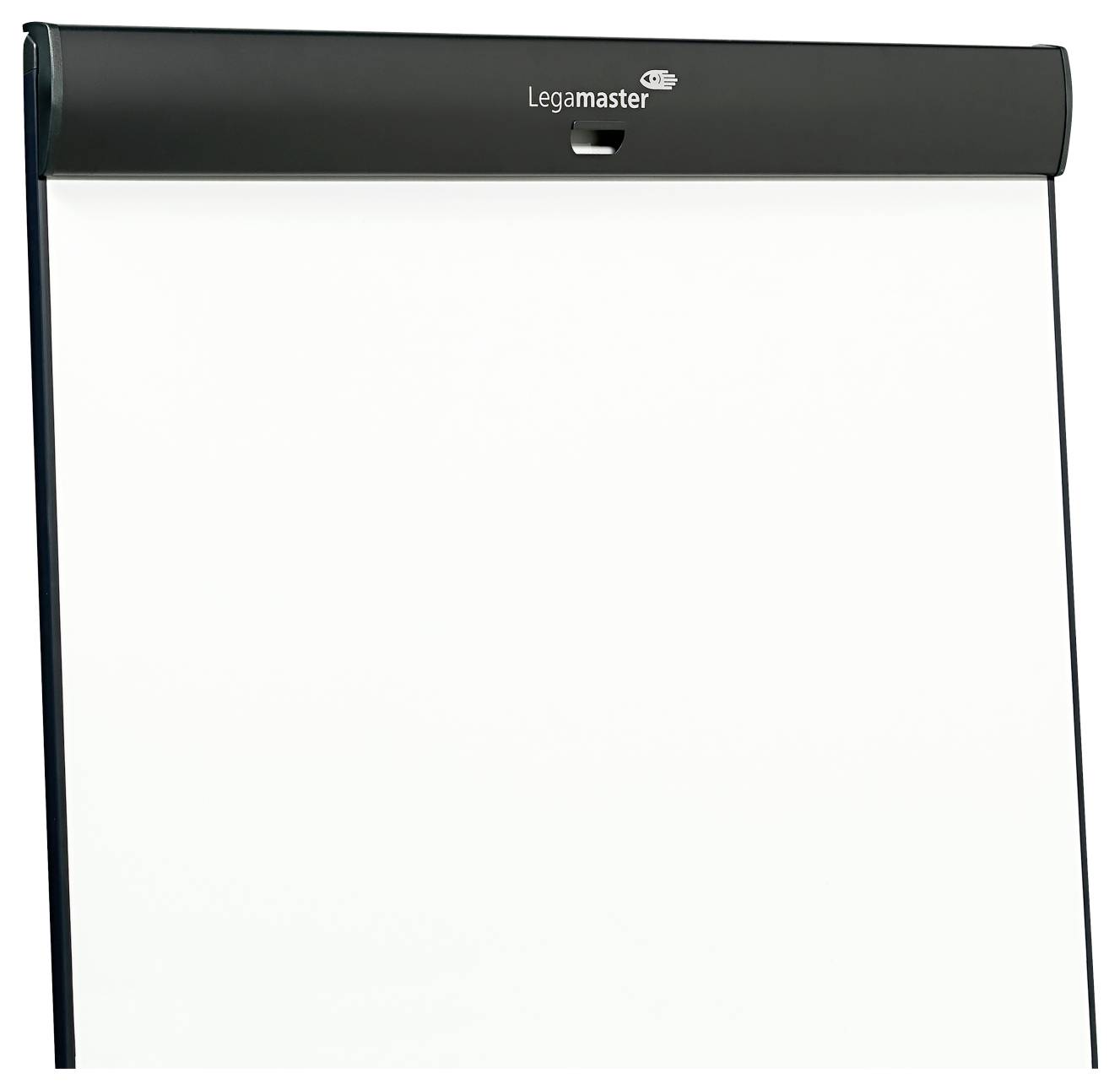 Eine leere Flipchart mit einem schwarzen Kopfbereich, der mit "Legamaster" beschriftet ist.