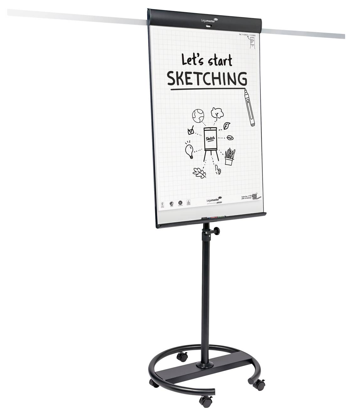 Staffelei mit einem Flipchart, auf dem die Phrase "Lass uns ZEICHNEN beginnen" steht, zusammen mit kleinen Zeichnungen von Kunstutensilien und einem Smiley-Gesicht.
