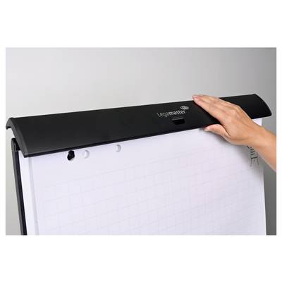Eine Hand justiert einen schwarzen Clip auf der Oberseite eines Flipcharts mit Millimeterpapier, das auf einem Ständer befestigt ist.