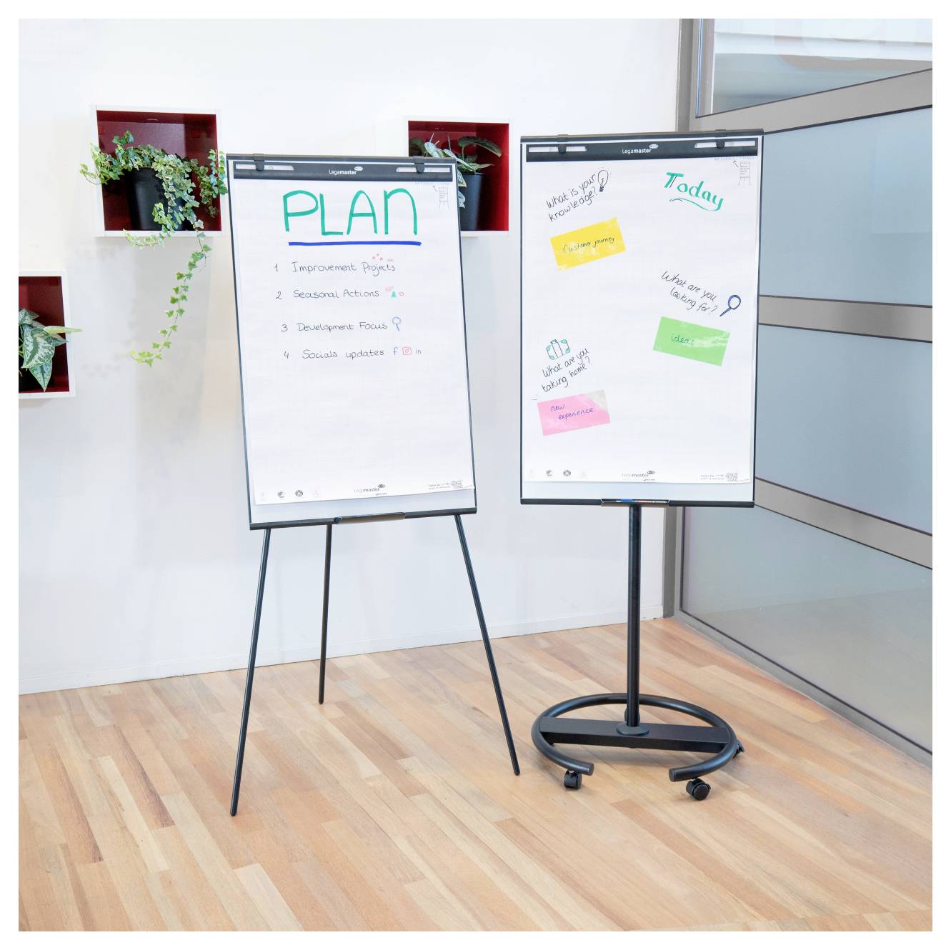 Zwei Staffeleien zeigen Planungsnotizen. Die linke Tafel listet Aufgaben unter 'PLAN', und die rechte Tafel zeigt Haftnotizen mit dem Titel 'Heute'.