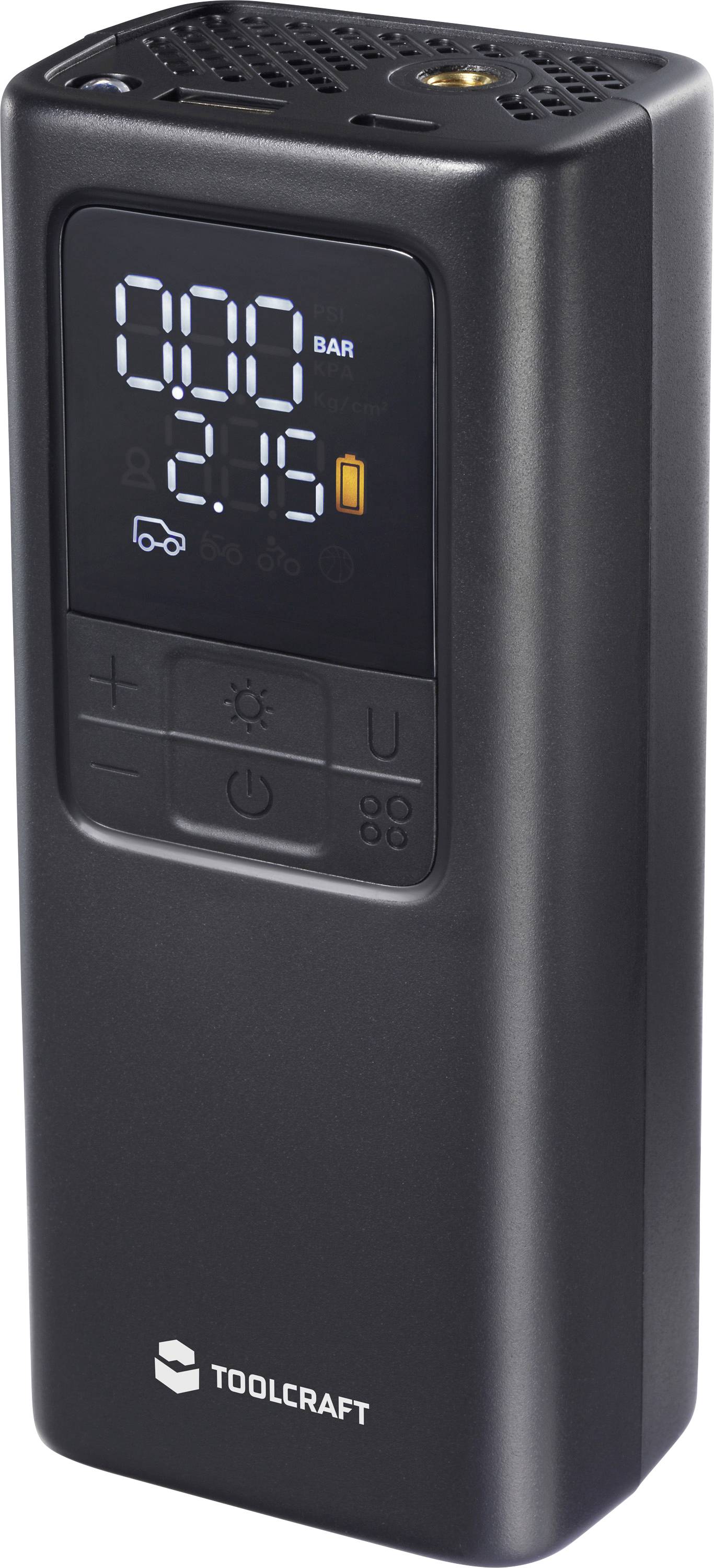Tragbarer Toolcraft Luftkompressor mit digitalem Display, das 0,0 bar und 2,15 psi anzeigt, Batteriesymbol und Steuerungstasten an der Vorderseite.