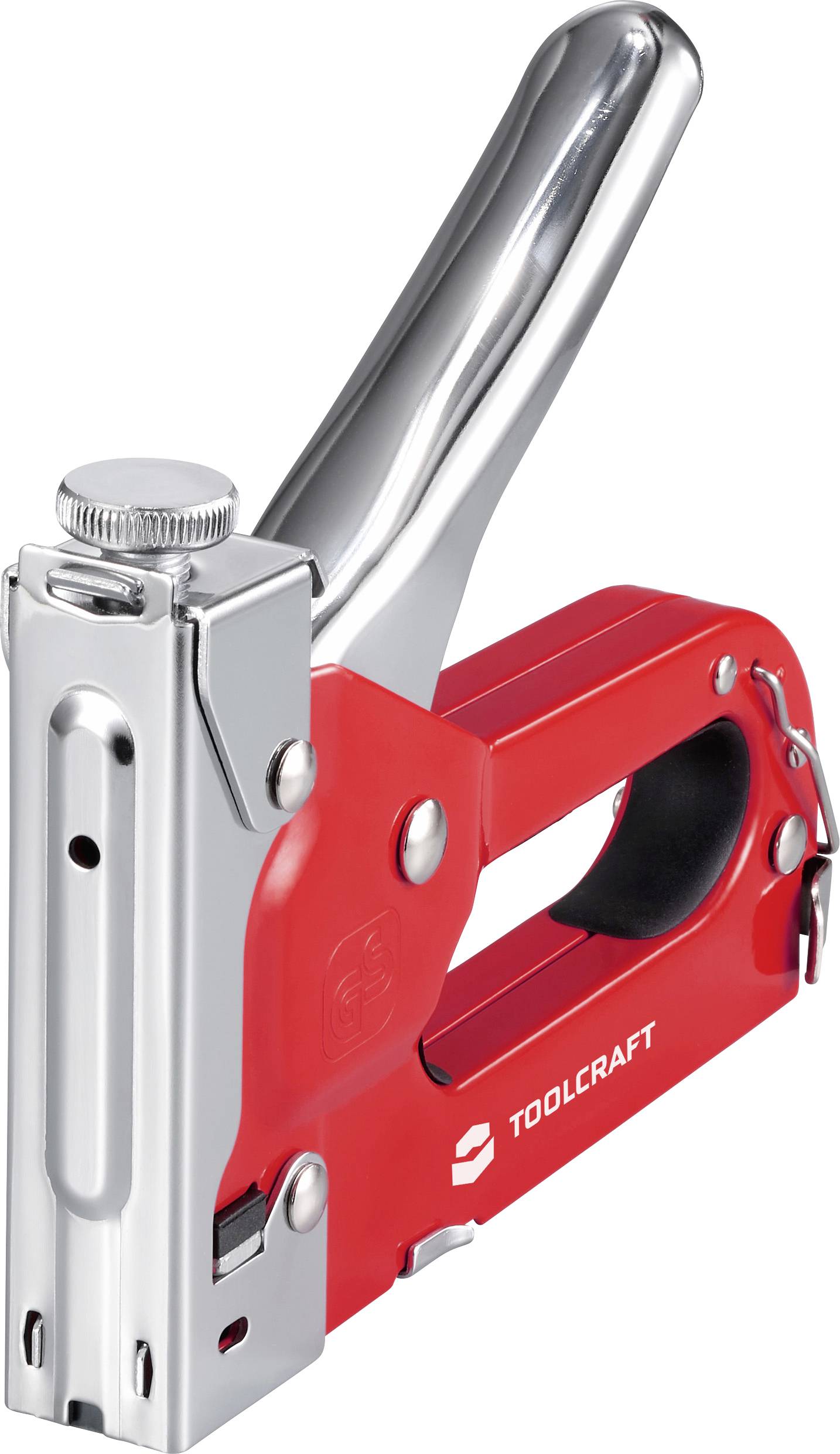 Eine rot-silberne manuelle Heftmaschine der Marke „Toolcraft" mit glänzendem Metallgriff, die zum Befestigen von Materialien entwickelt wurde.