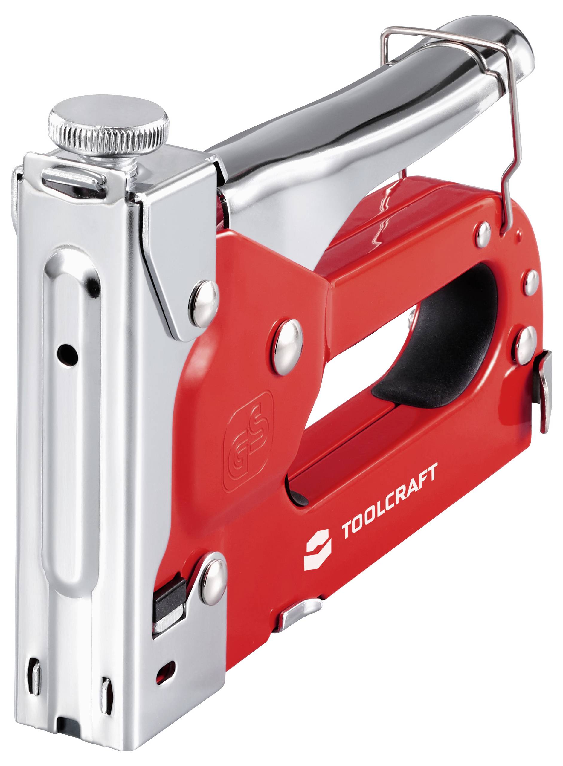 Eine rot und silberfarbene Heftpistole mit der Bezeichnung „Toolcraft" und metallischem Griff, entwickelt für schwere Heftaufgaben.