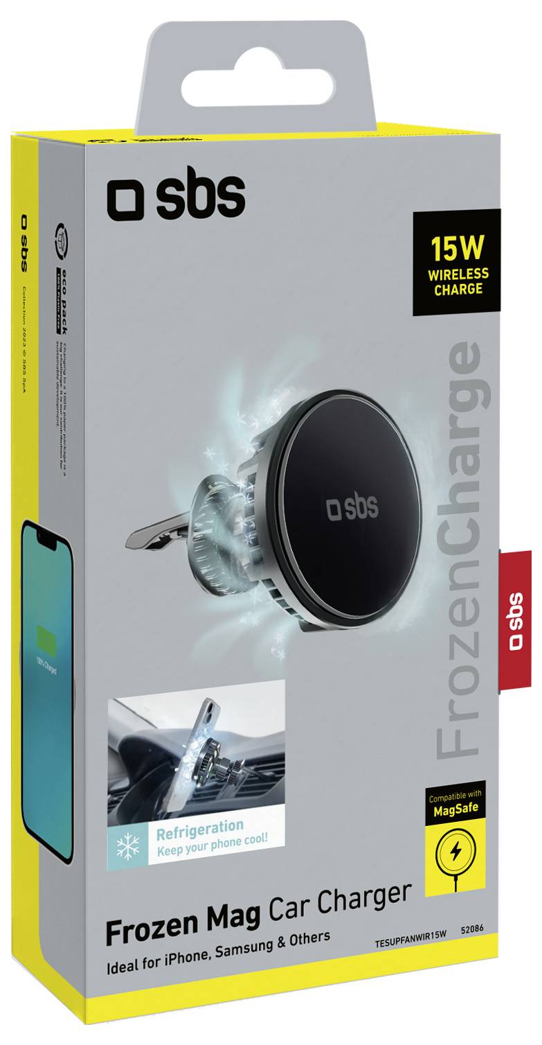 "Frozen Mag Car Charger"-Verpackung zeigt ein schwarzes kabelloses Autoladepadmit Kühlungstechnologie, geeignet für iPhone, Samsung und andere.