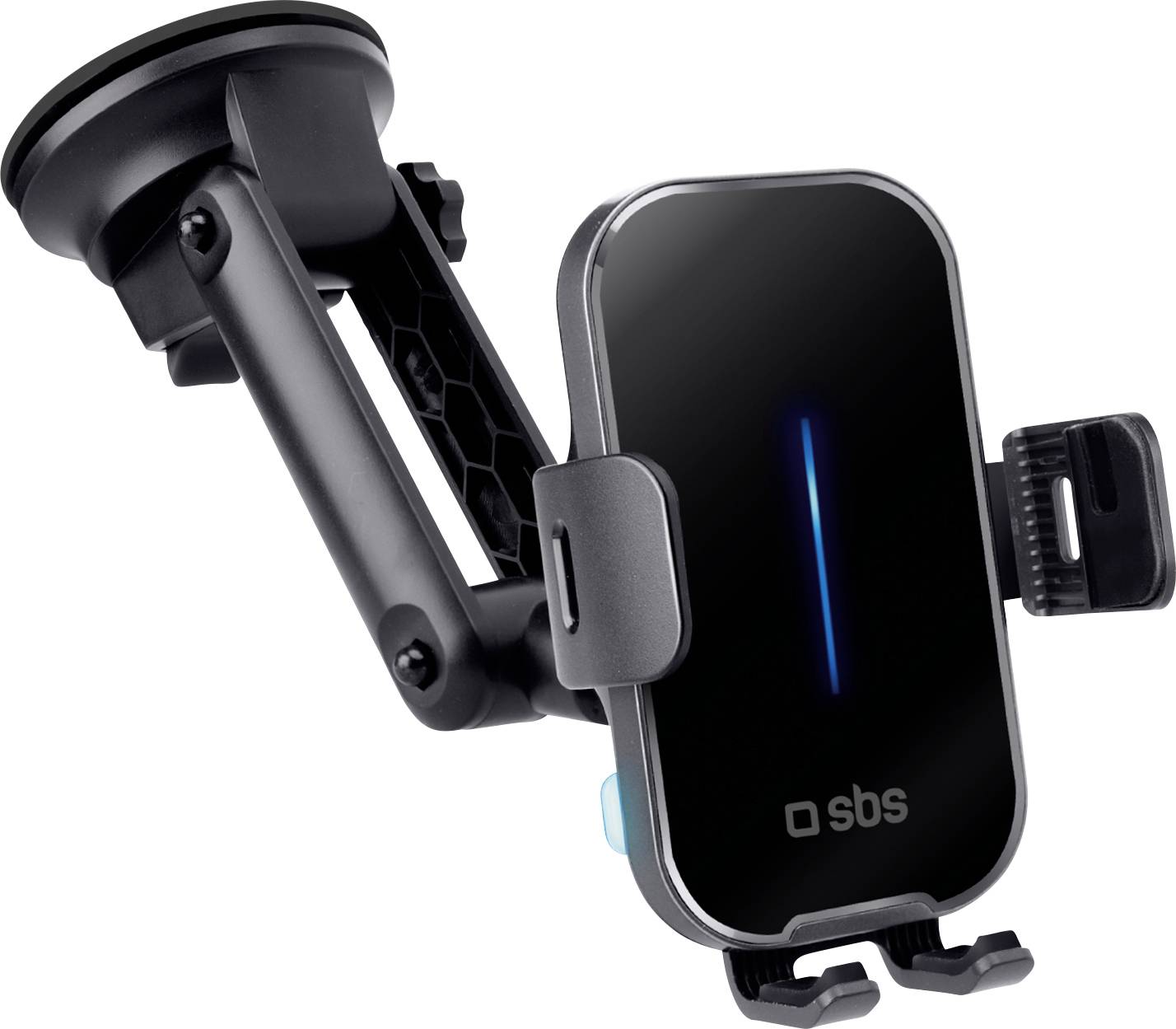 Eine schwarze Autotelefonhalterung mit Saugnapf, verstellbarem Arm und blauem LED-Licht auf der Frontplatte, entwickelt um Smartphones sicher zu halten.