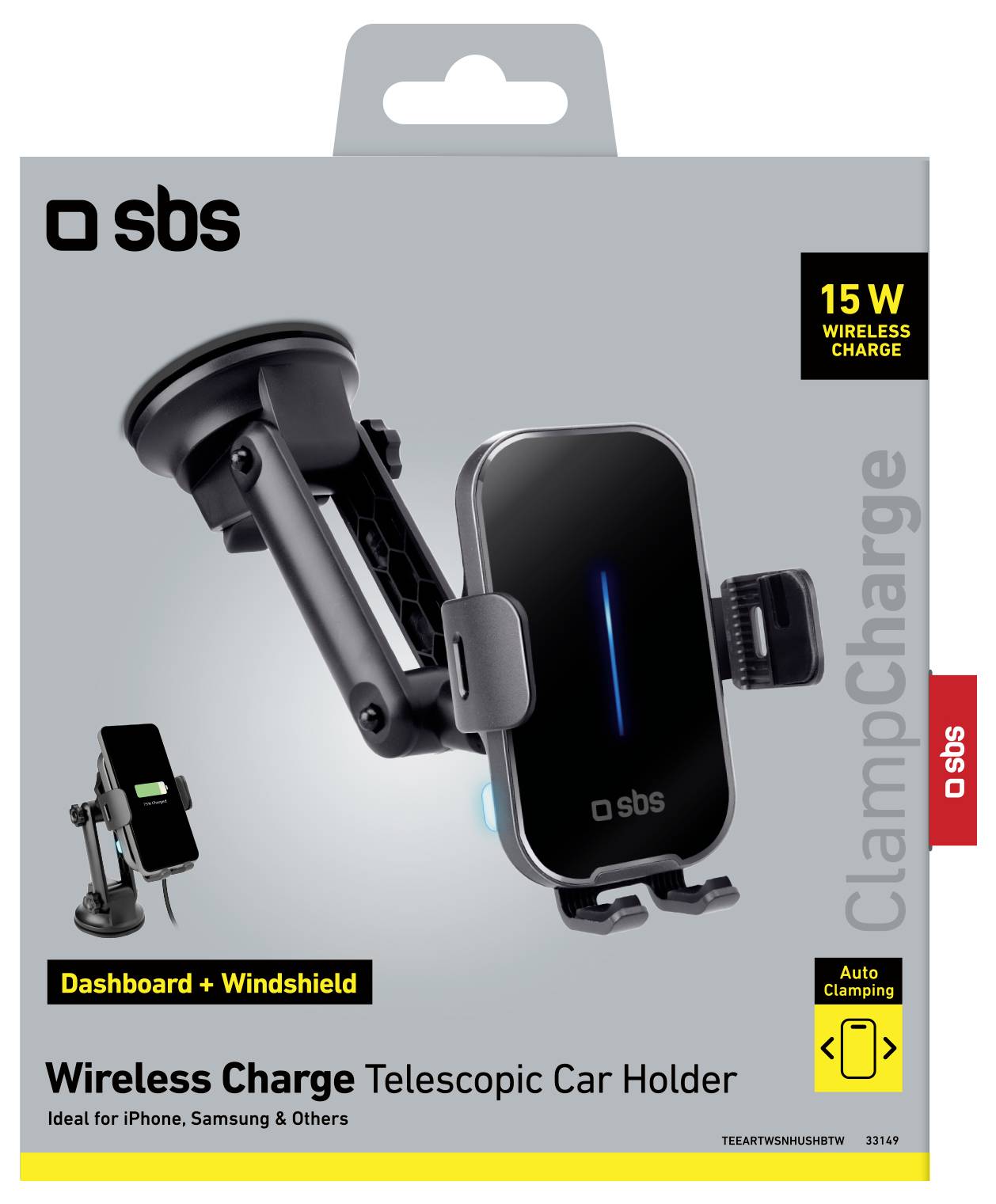 „SBS Wireless Charge Teleskop-Autohalter" – Die Verpackung zeigt eine Auto-Handyhalterung mit „15W kabelloses Laden", geeignet für „Armaturenbrett + Windschutzscheibe" und mit der Funktion „Automatische Klemmung".