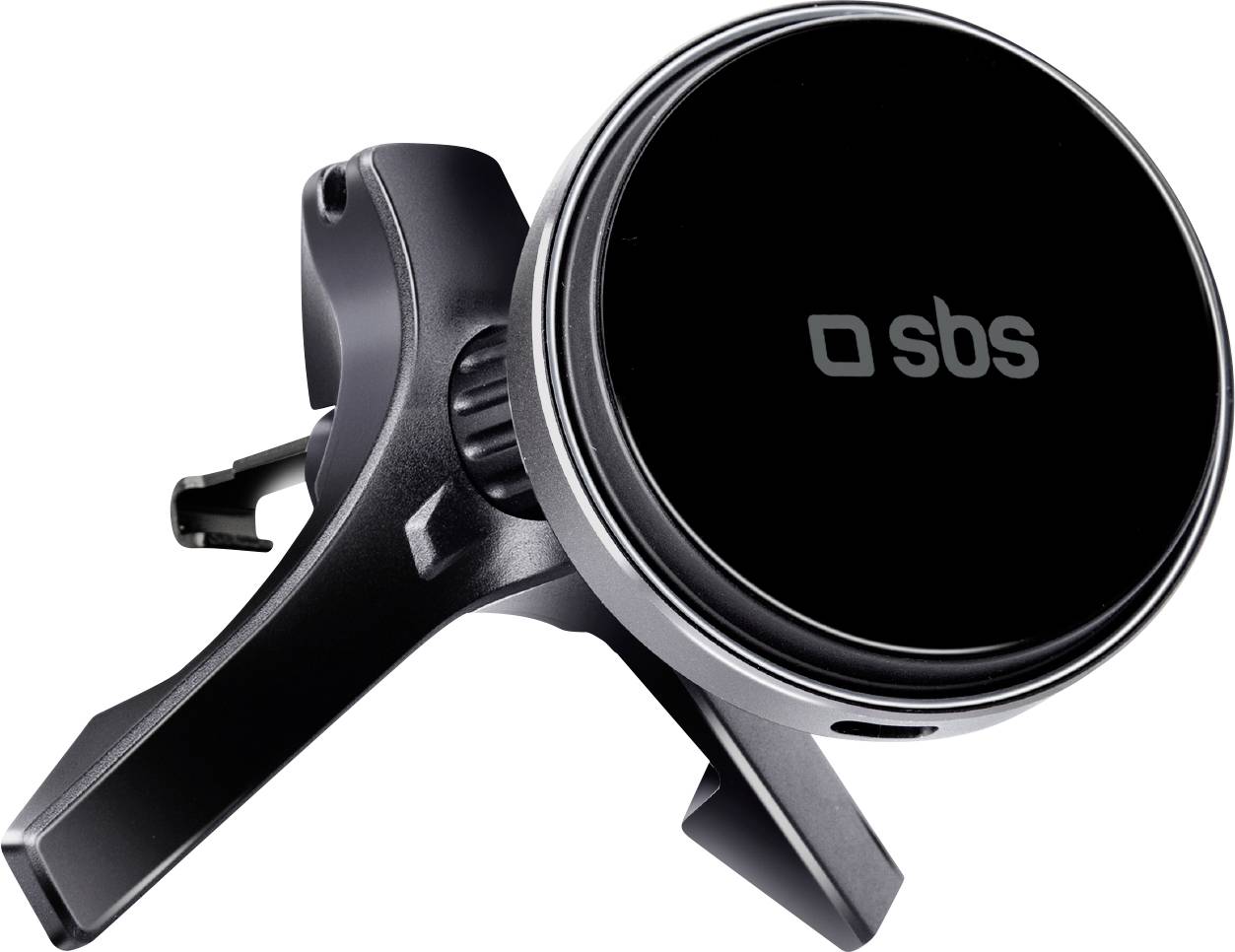 Ein schwarzer magnetischer Autotelefonhalter mit 'sbs'-Logo, konzipiert für die Armaturenbrettmontage, mit verstellbarem Arm und kompaktem Design.