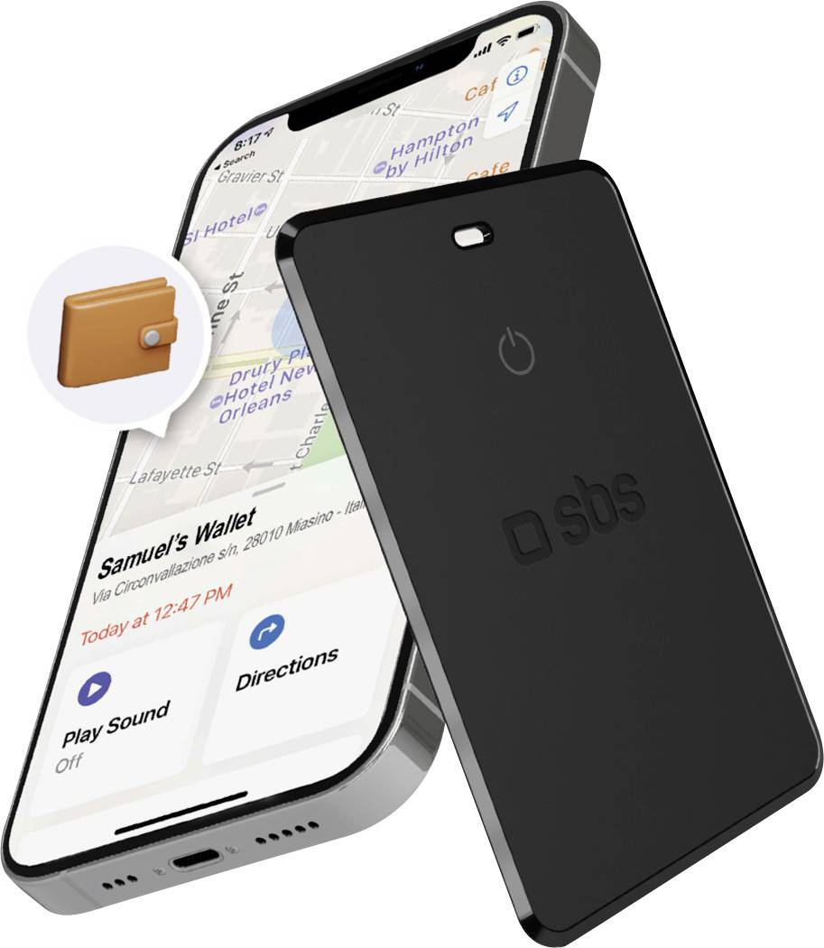 'Smart-Tracker-Gerät auf einem Smartphone platziert, das eine Karte und Text "Samuels Geldbörse" anzeigt und die Fähigkeit zur Standortverfolgung anzeigt.'