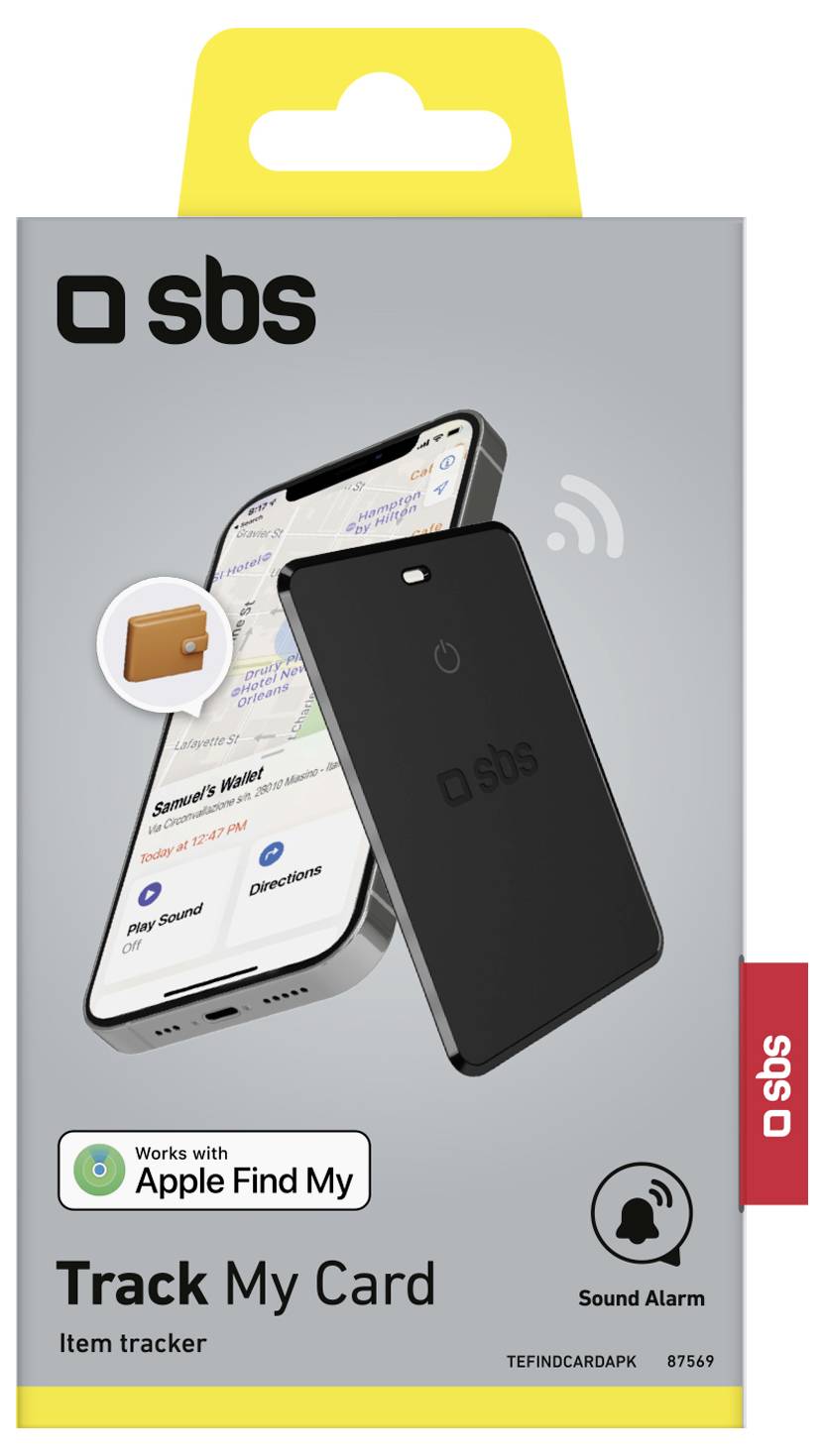 „Track My Card" Artikel-Tracker-Paket mit Smartphone mit Karten-App und schwarzem Kartentracker. Kompatibel mit Apple Find My.