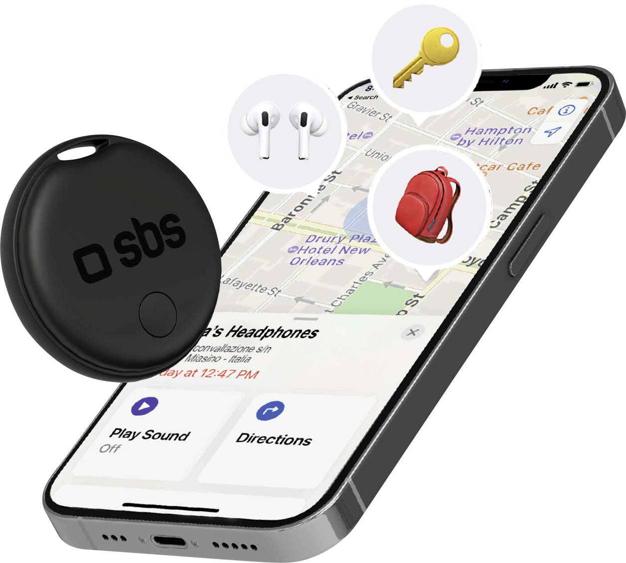 Ein Smartphone mit einer Kartenapp, die einen Standort anzeigt, begleitet von Symbolen für Schlüssel, Ohrhörer und einen Rucksack. Ein schwarzes Verfolgungsgerät in der Nähe.