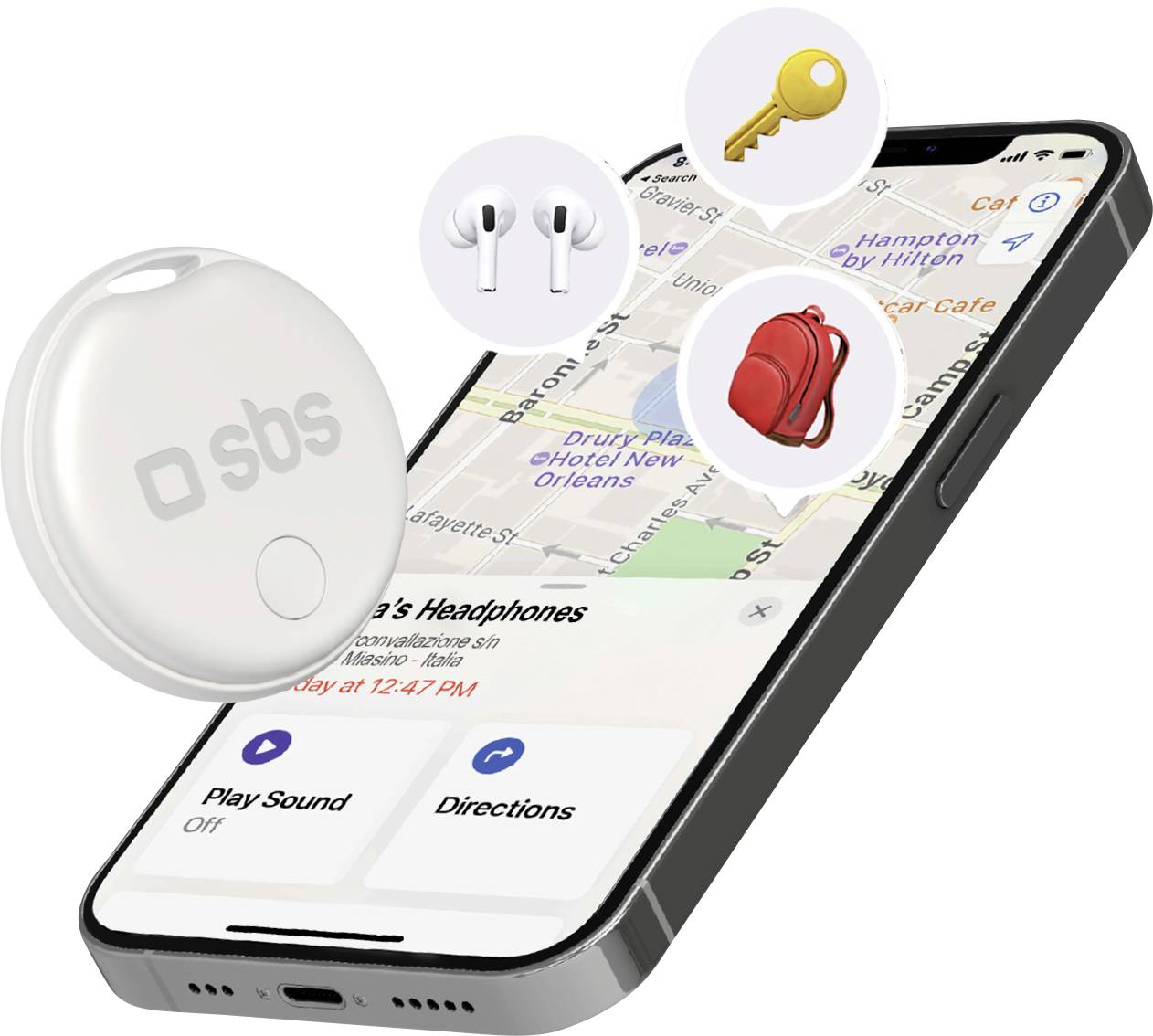 Ein Smartphone zeigt eine Karten-App an, die ein Gerät mit der Bezeichnung „SBS" verfolgt. Symbole eines Schlüssels, von Kopfhörern und einem Rucksack schweben darüber und zeigen die Verfolgung von Gegenständen an.