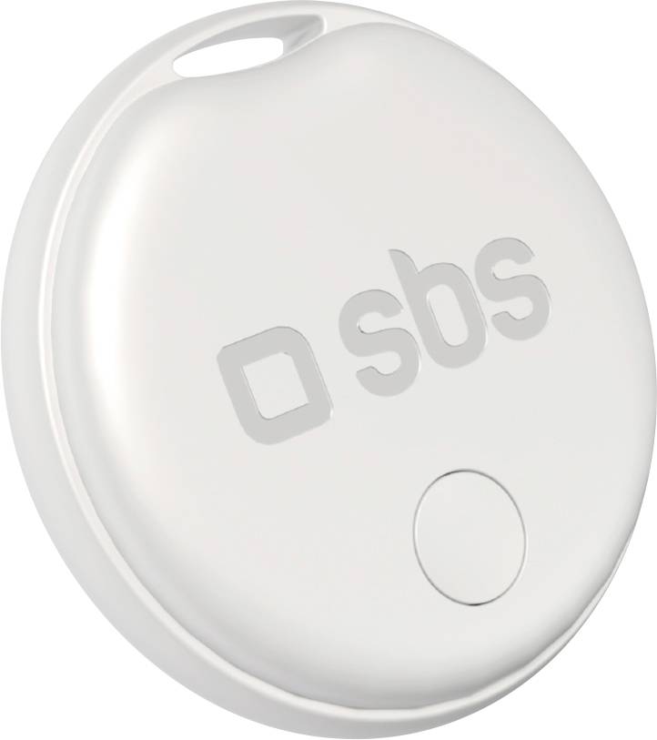 Ein rundes, weißes elektronisches Gerät mit den eingravierTen Buchstaben „sbs", bestehend aus einem kleinen kreisförmigen Knopf und einer Schlaufe oben zur Befestigung.