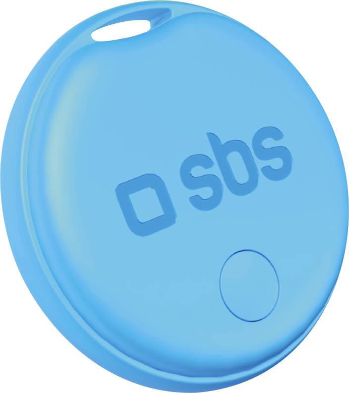 Ein blaues, rundes elektronisches Tag mit einem kleinen Ausschnitt oben. Die Oberfläche zeigt das 'sbs'-Logo und einen vertieften runden Knopf.