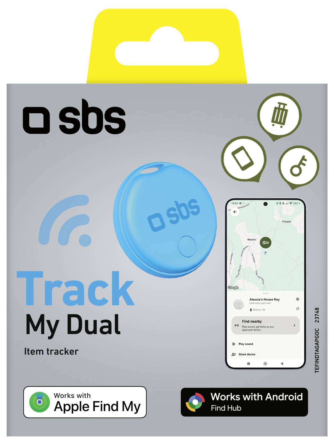 Das Verpackungsmaterial von „Track My Tag" zeigt ein orangefarbenes Verfolgungsgerät und ein Smartphone mit einer Standort-App. Kompatibel mit Apple und Android.